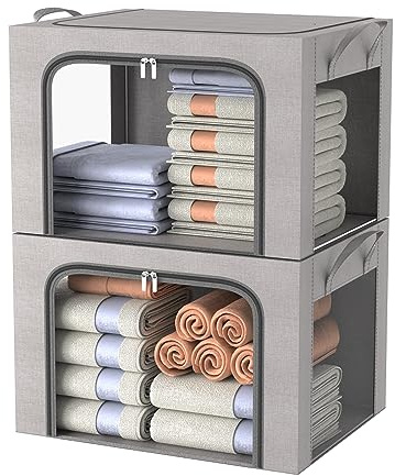 FUSACONY Scatole per Armadio, 2 Pezzi Organizzatore Armadio con Struttura in Metallo Pieghevole – Scatole per Vestiti Impilabili per Coperte, Biancheria da Letto, Grigio (66L)