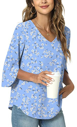 TAOHUADAO Maglietta estiva da donna, casual, con scollo a V, tunica top, per leggings, camicetta in chiffon, 07-3/4 Sleeve-blu-bianco Florets, XXL