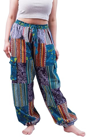 Himalayan Fashion Handmade Patchwork Mushroom Style Pants from Nepal Cotton Boho Hippie Trousers (M)