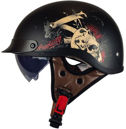 Halbhelme Motorradhelm Halbschalenhelm Scooter-Helm Mit Eingebautem Visier Retro Jethelm Roller-Helm Für Herren Damen DOT/ECE-Zertifizierung Brain-Cap Halbschale Offenem Helm 1,M:57-58CM