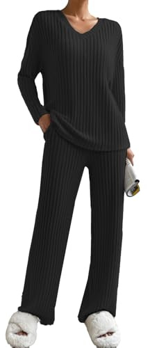 JENJON Dam Overall 2-delat set långärmad tröja bekväma raka byxor med V-ringning jumpsuit höst vinter, Svart, S
