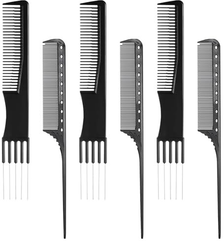 Lot de 3 peignes à crêper et 3 peignes à tige, peigne à manche, peigne de coiffure, peignes de coiffure, peignes à crêper pour femme, peigne à manche noir, pour salon de coiffure, cheveux fins et