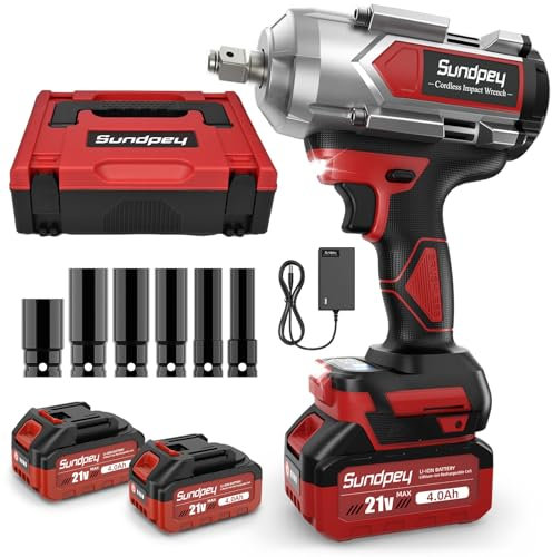 Sundpey Avvitatore a Impulsi Brushless 1200Nm - 21V Avvitatore a Percussione 2600RPM con Batteria 2 * 4000mAh 6 Bussola per Avvitare e Svitare, Avvitatore ad Impulsi 1/2 per Auto Casa