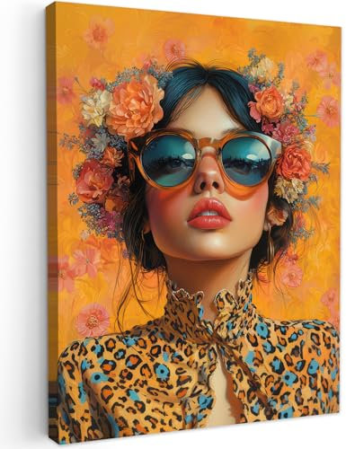 MuchoWow© Leinwand 30x40 cm Deko Schlafzimmer Aesthetic Leinwandbilder Wohnzimmer Gemälde Foto Geschenk Living Room Decoration Frau - Blumen - Ästhetik - Orange