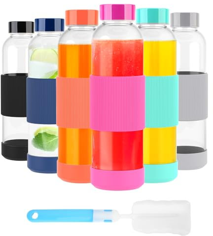 Luxfuel Glas-Saftflaschen mit Deckel und Silikonhülle, wiederverwendbare Glaswasserflaschen mit Edelstahlkappe zum Entsaften, Kühlschrank, 100 % auslaufsicher, BPA-frei, 6 Stück