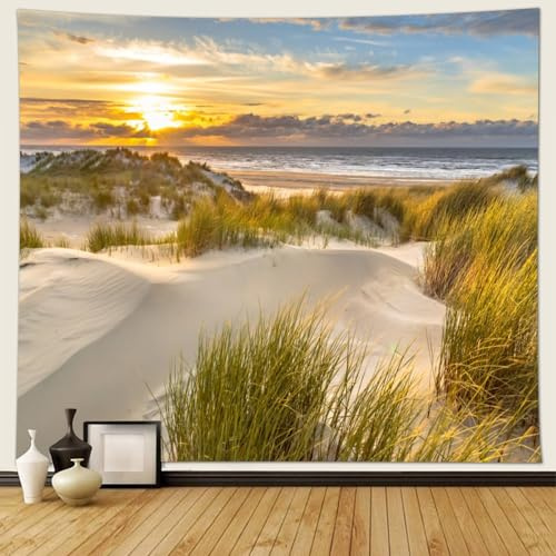 Musihy Meer Strand Wandteppich, 200x200cm Meer Strandlandschaft und SonnenuntergangslandschaftWandteppich für Wohnzimmer, Zuhause, Zimmer, Wanddekoration, Gelb-grün Beige