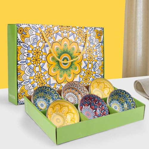 Topsky Bohemian Ceramic Bowl Set of 6-13.5oz/400ml Small Serving Bowls for Cereal, Dessert, Soup, Salad, Ice Cream, Pasta, Ramen, Noodle - Microwave, Oven, Fridge & Dishwasher Safe (Gift Box)