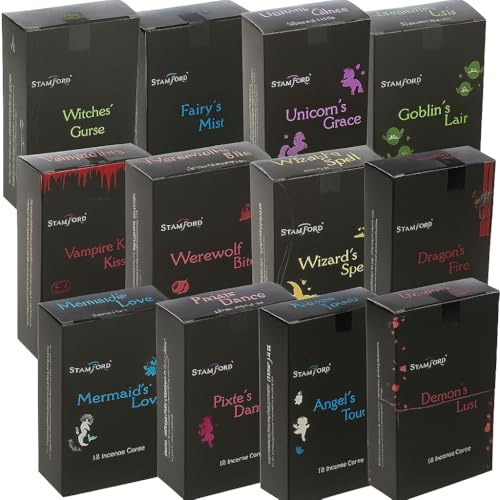 Stamford Fantasy Incense Cones 12 Pack Set (12 Cones Each) – Mixed Fragrances Including Dragon’s Fire, Unicorn’s Grace, Mermaid’s Love – With JRose Trolley Coin Keychain
