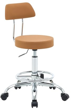FIRAVOE Rollhocker höhenverstellbar 49,5–67,6 cm mit Rückenlehne und Fußstütze, ergonomischer Drehhocker aus Kunstleder, Stabiler Arbeitshocker 360° drehbar für Büro, Labor und Salon