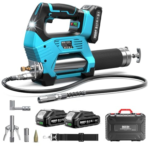 Seesii 10000 PSI Engrasadora a Batería con Motor Brushless, 3 Velocidades, 2 Baterías de 2.0Ah, Pistola de Engrasar Eléctrica, Manguera de 39,4, Acoplador de 90° y Luz LED, Ideal para Equipos Pesados