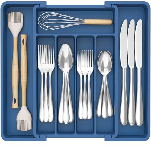 Lifewit Expandable Cutlery Drawer Organiser, 5-7 Compartments Utensil Tray | Adjustable Kitchen Drawer Dividers for Spoons Forks Knives, Plastic Storage Holder, 22-36 x 30cm, Small, Dark Blue