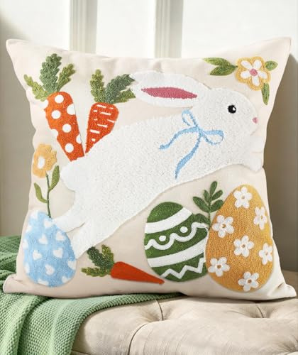 Kokaaee Easter Pillow Cover 18x18 Inch – Embroidered Spring Throw Pillow Cover Eggs Rabbit Carrots Farmhouse Decorative Easter Cushion Case with Hidden Zipper for Couch, Sofa, or Living Room(1 Pack)