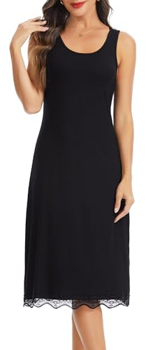 Lovasy Sottoveste Donna Lunga con Pizzo Sottovesti in Modal Senza Maniche Sexy Camicia da Notte con Spalla Larga Sottoveste Gonna Elegante Modellante Antistatica,A-Nero,M