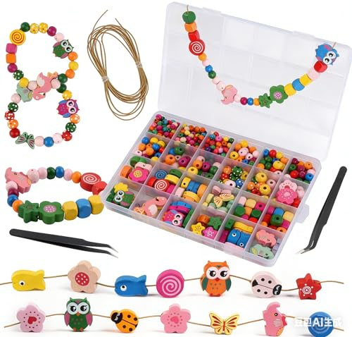 Perline di legno da infilare, 500 pezzi, perline colorate da infilare per bambini, fiori e animali, perline di legno con corda, per braccialetti fai da te, set di gioielli