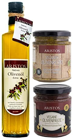 ARISTOS Bio Olivenöl Gourmet Geschenk Set | 500 ml kaltgepresstes extra natives Griechenland + 2x Griechische Tapenade Olivenpaste | 3tlg Geschenk-Set Oster Geschenk