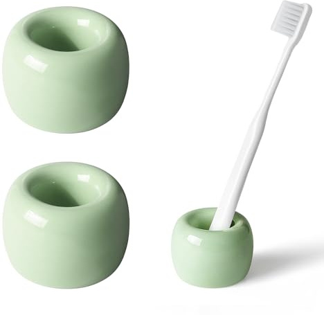 AirMoon Mini Ceramic Toothbrush Holder for Bathroom - Light Green Small Countertop Organizer, Easy Clean Toothbrush Stand, Suit for Electric Toothbrush Head, Pens & Coffee Spoon, Pack of 2