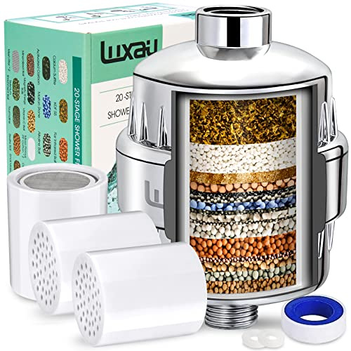 Luxau 20-stufiger Duschfilter mit 3 Kartuschen, Duschkopffilter, reduziert hartes Wasser, Chlor, Schwermetall und Verunreinigungen, verbessert die Hauthaare, passend für die meisten Handbrausen, feste