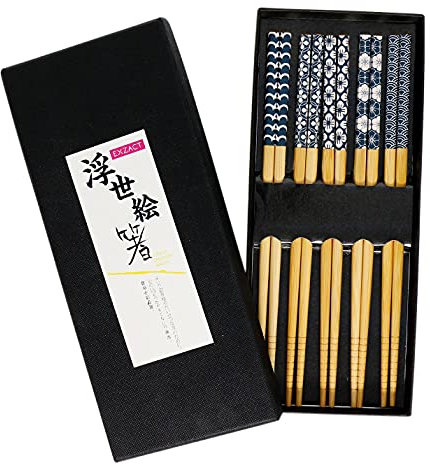 Exzact Chopsticks Gift Set - 5 Pairs of Reusable Natural Bamboo Chopsticks in a Beautiful Black Handmade Box - Decorated Japanese Ancient Blue Ornamentation (Blue and White)