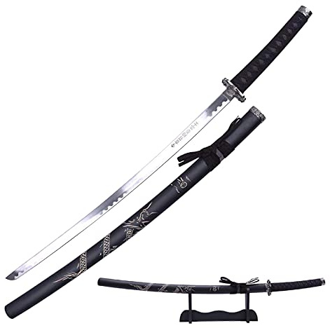 40 Japanese Samurai Sword Katana Carbon Steel Blade Dragon Engraved Wooden Sheath w/Stand - Black
