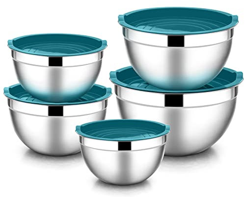Rührschüssel 5er Set, HaWare 100% Edelstahl Salatschüssel Schüssel Set mit Luftdichtem Deckel – 4.5L/ 2.7L/ 1.5L/ 1.2L/ 0.7L, Ideal zum Kochen/Backen/Aufbewahrung, Stapelbar & Spülmaschinenfest - Blau