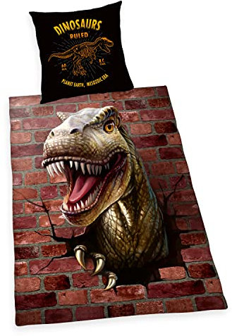 Herding Dino 3D Bettwäsche, Kopfkissenbezug ca. 80x80 cm, Bettbezug ca. 135x200 cm, mit leichtläufigem Reißverschluss, 100% Baumwolle, Renforcé