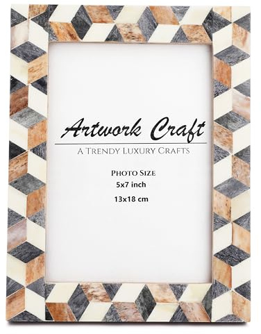 Artwork Craft Bone Photo Frame Geometric 3D Pattern Inspired Vintage Table-Top/Wall Décor Chevron Art Boho Picture Frames (5x7 Inches, Cube Brown, White)