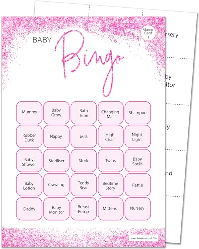 Olivia Samuel 16 Player Bingo Baby Shower Game - Pink Glitter Effect Design (16 Guest Cards + 4 Sheets of Calling Cards for The Host + Winner's Certificate)