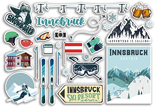 A5 Aufkleberbogen Innsbruck Vinyl Aufkleber - Österreich Ski Resort Berge Snowboard Urlaub Fahne Reise Schneesport Gepäck Scrapbooking #79064