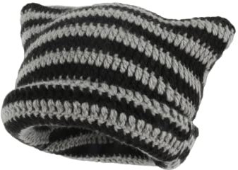 Damen Slouchy Crochet Devil Cat Ear Beanie Hat Y2K Stripes Gestrickte Skull Cap Retro Winter Warm Fairy Grunge Ski Beanies, Schwarz / Grau