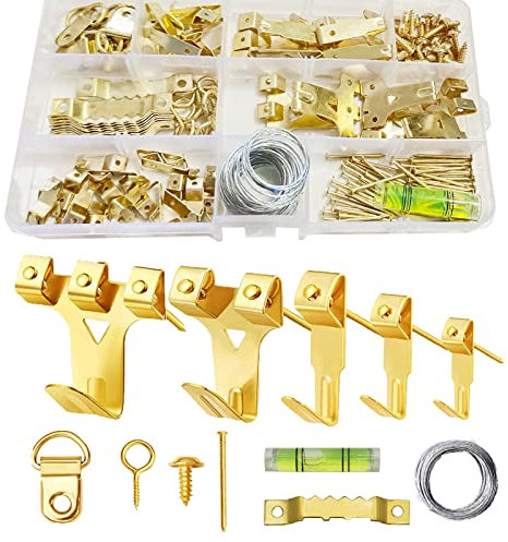 162Pcs Heavy Duty Picture Hooks for Hard Walls-Picture Hanging Kit with Wire,Sawtooth, D-Ring, Nails with Screws for Mirrors, Picture Frames ,Decor & Paintings (Gold)