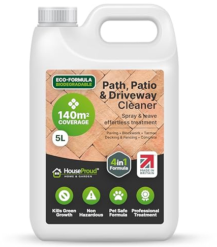 HouseProud Patio Cleaner 5L – Concentrated Spray & Leave Formula for Driveways, Decking, Fencing, Stone & Paths – Removes Moss, Algae, Mould & Black Spots – Outdoor Green Stain Remover
