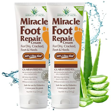 Miracle Foot Repair Cream, 4 oz Repairs Dry Cracked Heels and Feet, Diabetic-Safe, 60% Pure Ultra Aloe Moisturizes, Softens, and Repairs, Relief from Discomfort of Ingrown Toenails (2-Pack)