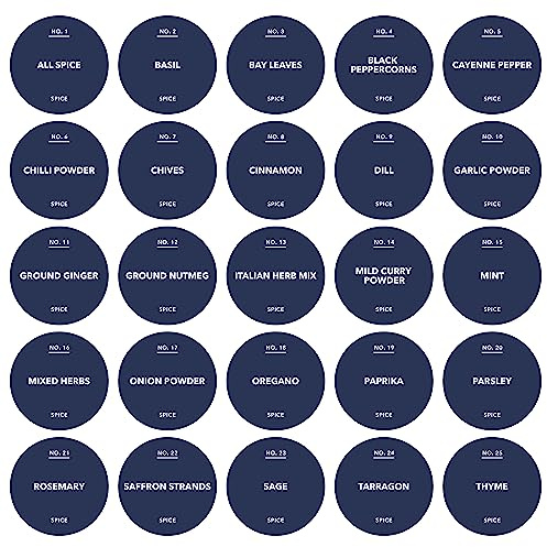 Spice Jar Labels - Water Resistant 37mm Satin Plastic Stickers - Design 1 - Top 25 Herbs & Spices - (Delft Blue Sugar Colour Label)