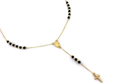 Generisch Sapphir Damen Rosenkranz-Halskette aus 14-karätigem Gold 585 mit schwarzen Steinen - Unisex - mit Schmuckperlen - Länge 55 cm - Brillantschliff -inkl Zwei Luxusgeschenke