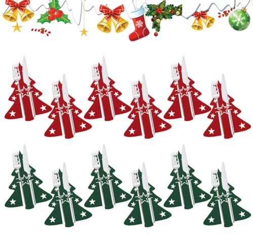 REFORUNG 12 Stück Weihnachten Besteckhalter Filz Bestecktasche Tannenbaum Besteckbeutel Weihnachtsbaum Tischdeko Besteckbeutel Geschirr Besteck Taschen für Party Tisch Weihnachtsdeko (Rot & Grün)