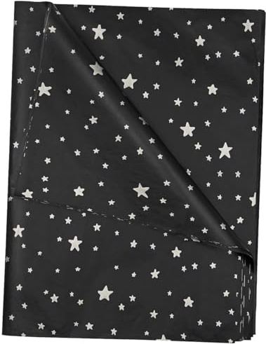 ADQUATOR Seidenpapier, 50 x 35 cm, Schwarz, Silber, Sterne, Geschenkpapier, Großpackung für Hochzeit, Geburtstag, DIY-Geschenkdekorationen, 50 Stück