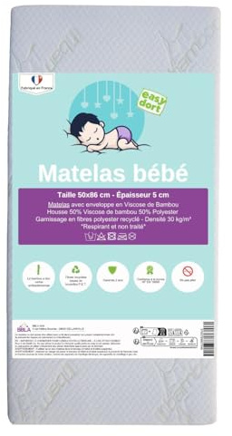 Easy Dort Babymatratze, 50 x 86 cm, für Wiege oder Kinderbett, hergestellt in Frankreich, antibakteriell, Sommer und Winter, doppelseitig, sehr bequem, Bezug aus Bambus, Oeko-Tex®, Weiß