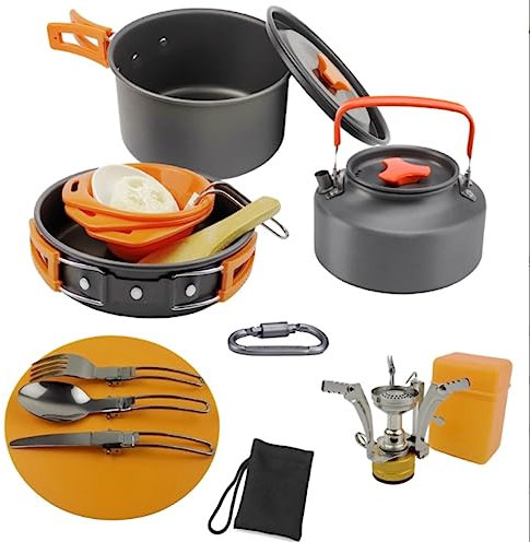 DEEDAV Camping Kochgeschirr Picknick-Kochgeschirr, Camping-Kochgeschirr-Set, Outdoor-Kochset mit Wasserkocher, leichte Camping-Sets für Camping Wandern Trekking (Color : Orange, Size : 13pcs)