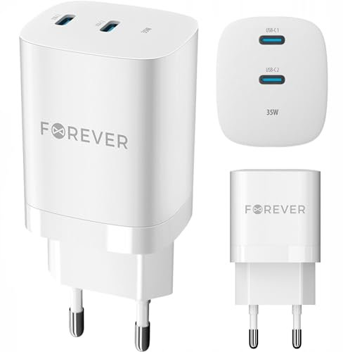 Caricatore rapido FOREVER GaN, 35 W, 2x USB-C, caricabatterie adatto a tutti i telefoni cellulari, smartphone, tablet, UVM, adattatore di ricarica, alimentatore per caricabatterie da parete, iPhone, S
