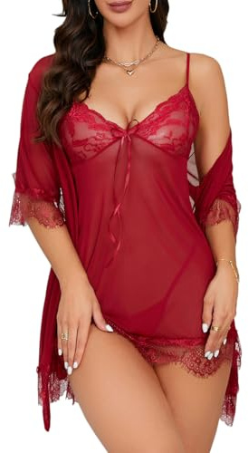 BEINF Lingerie Donna Sexy Babydoll in Pizzo Camicia con Collo a V e Vestaglia A Rete Completo Intimi Camicia da Notte, Set di Perizoma, Calze, 4 Pezzi Rosso Vino XL
