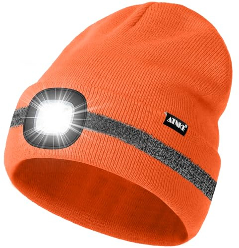 ATNKE LED Mütze mit Licht, Wiederaufladbare USB 4 LED Beleuchtete Laufmütze Extrem Heller Lampe Winter Warme Stricken Mütze mit Reflektierendem Streifen für Herren und Damen Geschenke