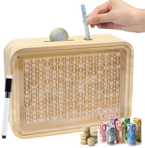 Hucha de madera, hucha de madera, hucha con contador, caja de ahorro reutilizable con números marcados, caja de ahorro con placa transparente, hucha de madera retro con objetivo de ahorro para adultos