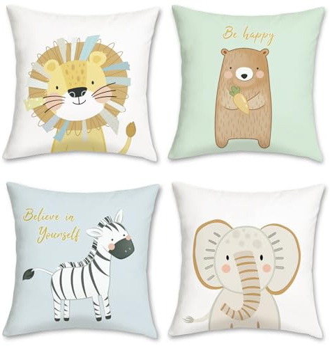 Bonhause Fundas Cojines Animales 45 x 45 cm Funda de Almohada Oso León Elefante Cebra Terciopelo Suave Cojines Decorativos para Sofá Cama Hogar Habitación Infantil Juego de 4