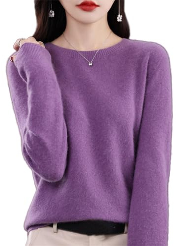 Kaschmir-Pullover für Damen, 100 % Kaschmir, Rundhalsausschnitt, weicher Langarm-Pullover, Damen-Pullover aus 100 % Merinowolle, dunkelviolett, L