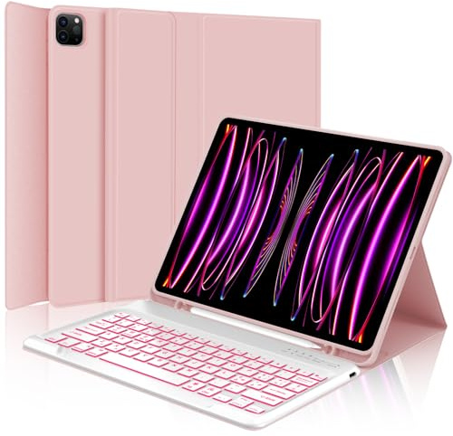 IVEOPPE Tastatur für iPad Pro 12,9, Hülle mit Tastatur für ipad Pro 6. Generation, Bluetooth QWERTZ Magnetische 7-Farbige Beleuchtung Keyboard für iPad 12.9 (6/5/4/3 Gen) 2018-2022, Rosa