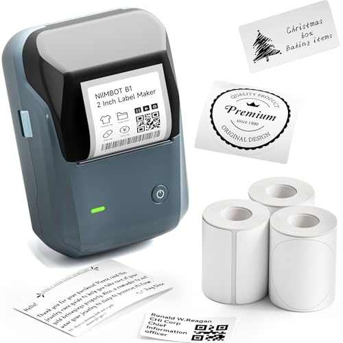 NIIMBOT B1 Bluetooth Label Maker Machine, Portable Label Printer, Large Waterproof Label, Versatile APP, 2-inch Thermal Label Printer for Spice, Address, Barcode,Logo (Machine + 3 Tapes, Blue)