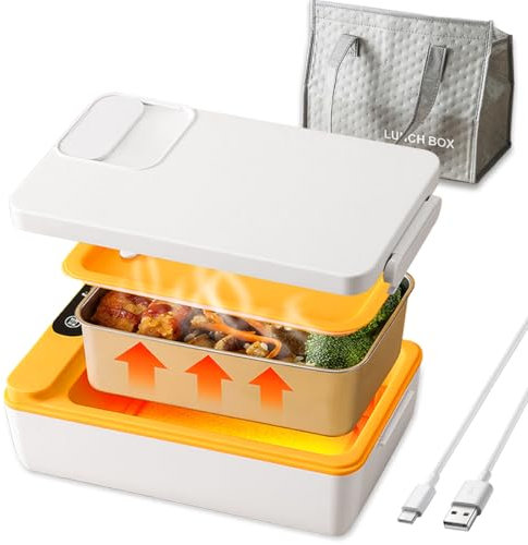 XASMA Lonchera eléctrica inalámbrica de 1 litro, calentador de alimentos portátil para coche, oficina, uso doméstico, no requiere agua, contenedor de almuerzo recargable con bolsa aislante,