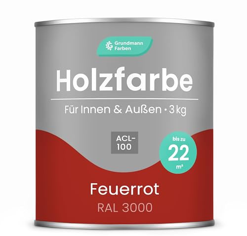 Grundmann Holzfarbe ACL 100 - Holzlack 3 Kg Rot - 4in1 inkl. Grundierung - Seidenmatt - Wetterfest für Innen & Außen - RAL 3000 Feuerrot