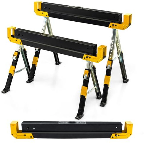 SOARS Set di 2 cavalletti, cavalletto, pieghevole, in metallo, carico massimo 1180 kg, altezza regolabile, superficie di lavoro antiscivolo, supporti pieghevoli e maniglia di trasporto (giallo)