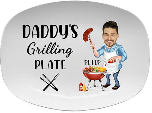 SweetJECCU Personalisiertes Foto-Grillteller für Papa mit individuellem Namen BBQ-Grillplatte Vatertags- und Geburtstagsgeschenke für Papa, Daddy, PaPa, Opa von Sohn, Tochter, Ehefrau, Enkelkind (Stil